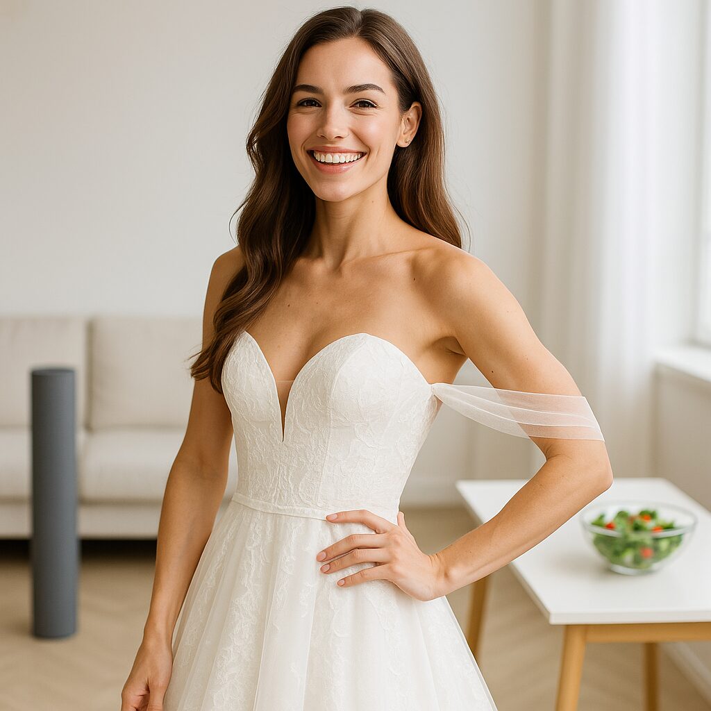 Bride after successful 10 day wedding diet with salad and yoga mat