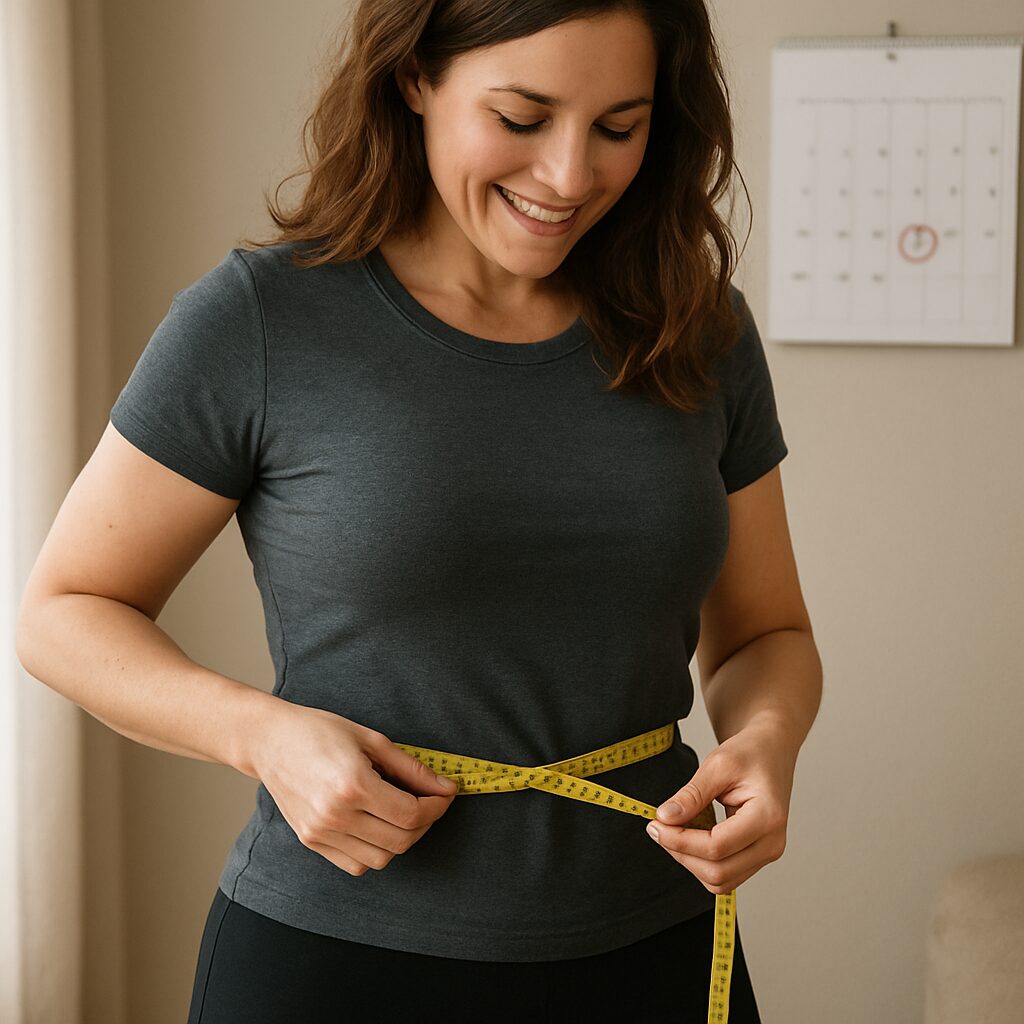 Woman measuring waist after 21 day wedding diet workout