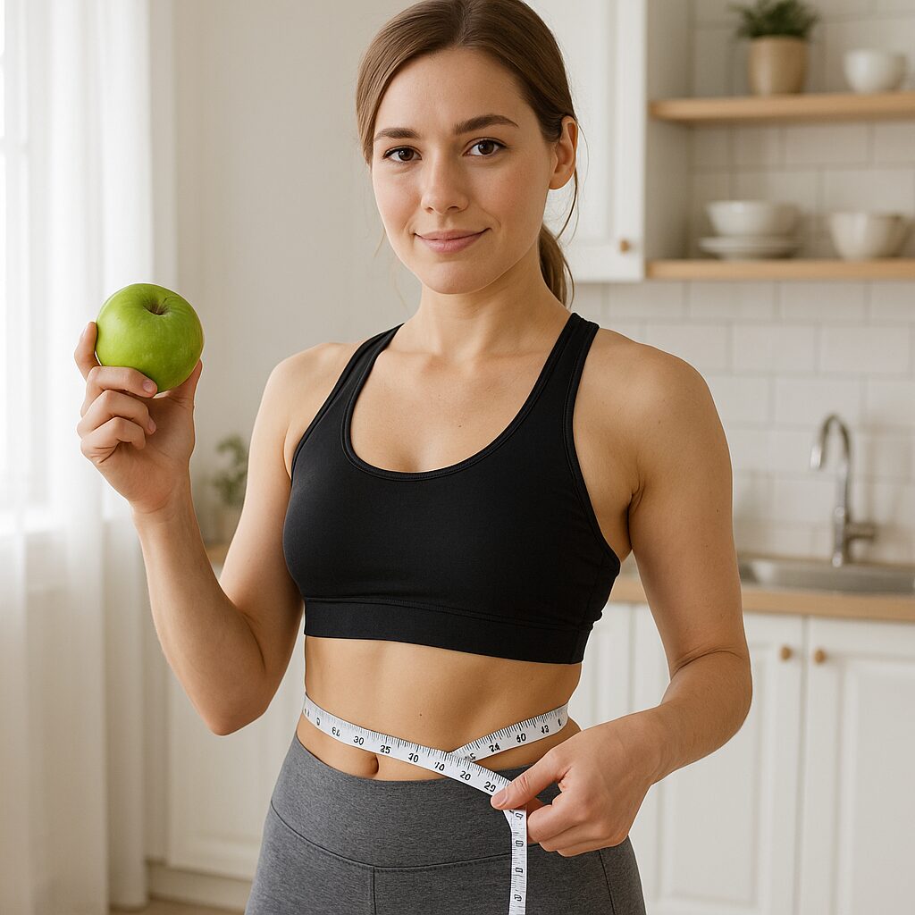 Confident bride-to-be with apple and measuring tape during her 3 months before wedding diet