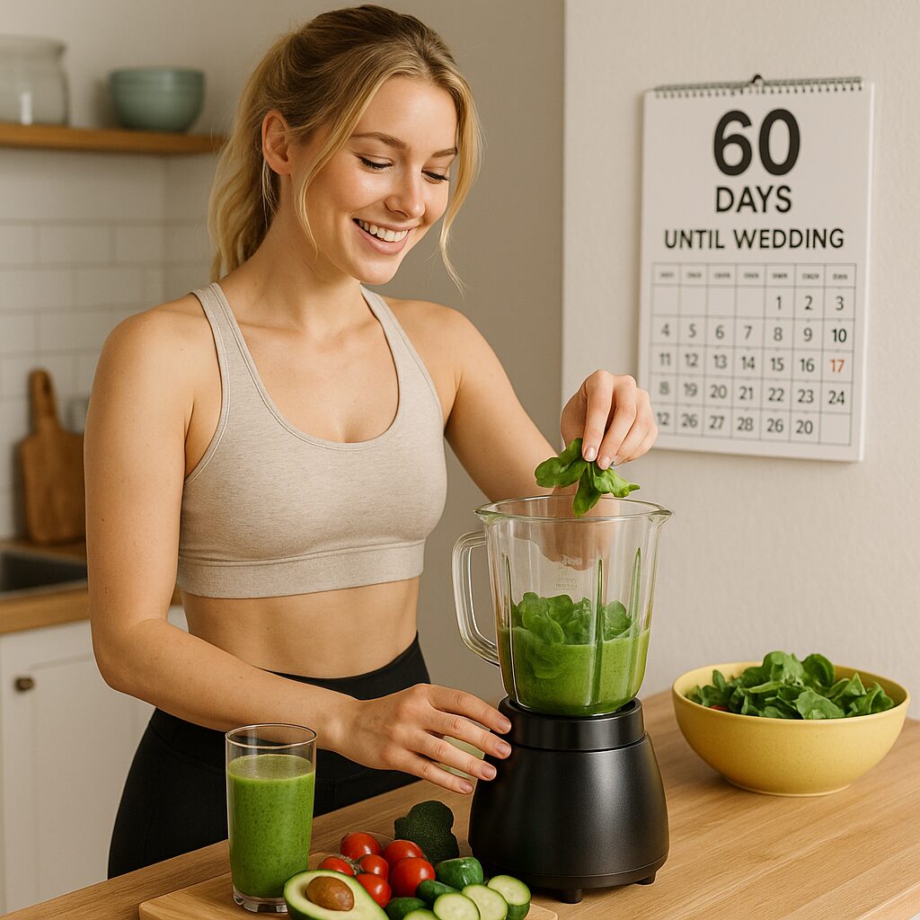 Blonde bride-to-be on 60 day wedding diet preparing healthy meal