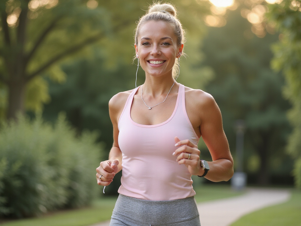 Healthy bride-to-be jogging in scenic morning garden