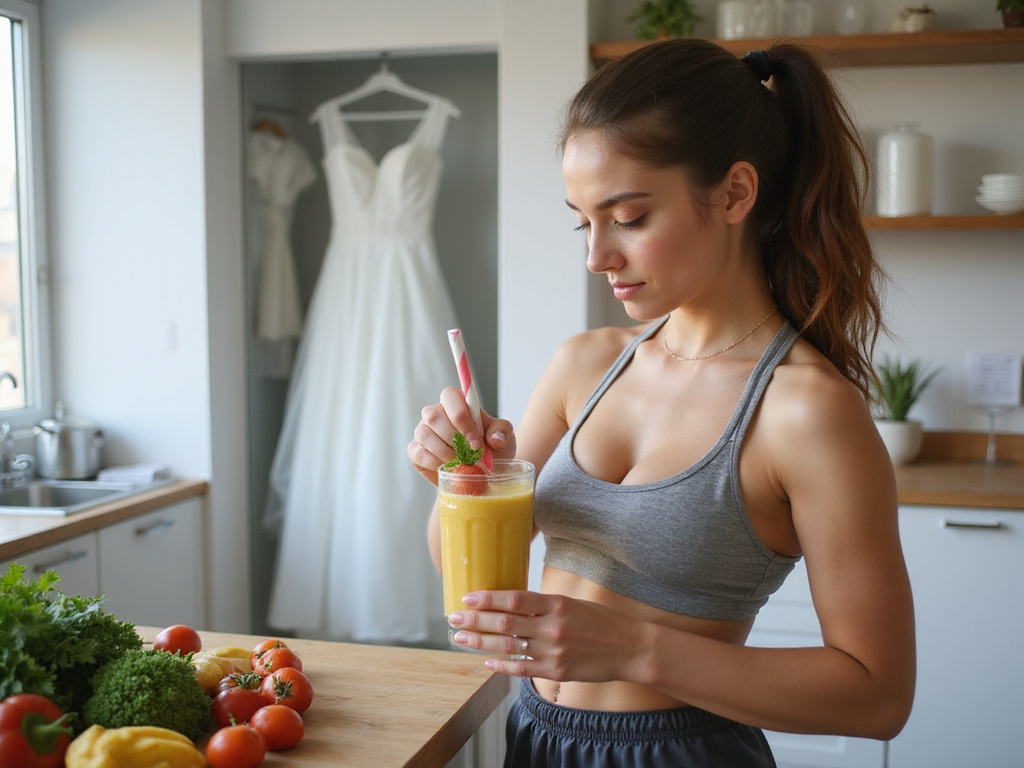 Young bride in athletic attire preparing best pre-wedding detox smoothie