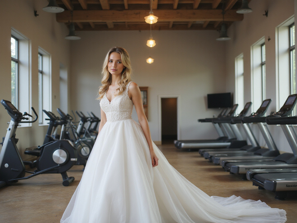 Bride in gym setting showcasing best wedding diet and workout