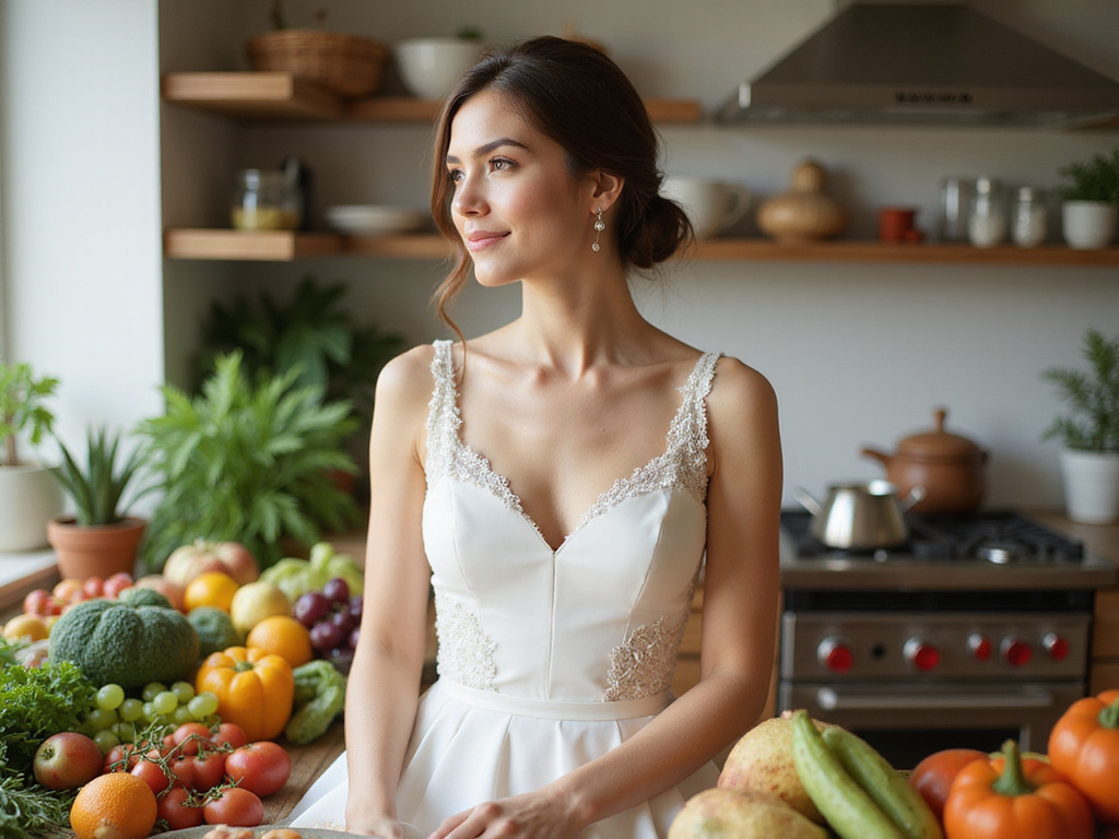 Bride-to-be with bridal glow diet in a kitchen surrounded by fresh produce