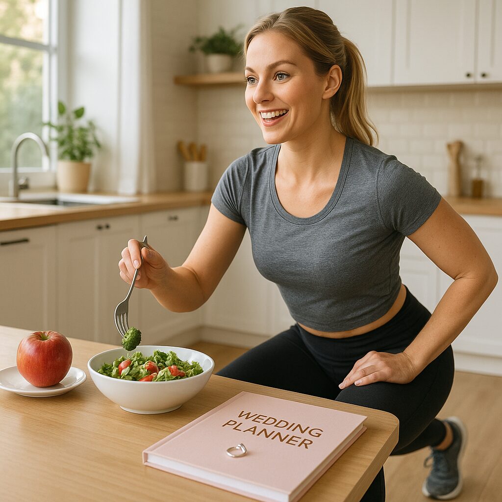 Bride-to-be following diet plan for marriage in fitness studio.