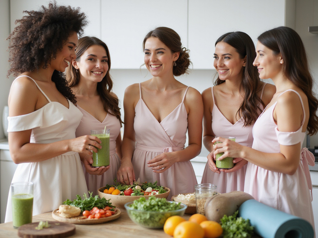Diverse bridesmaids preparing healthy food as part of bridesmaid diet.