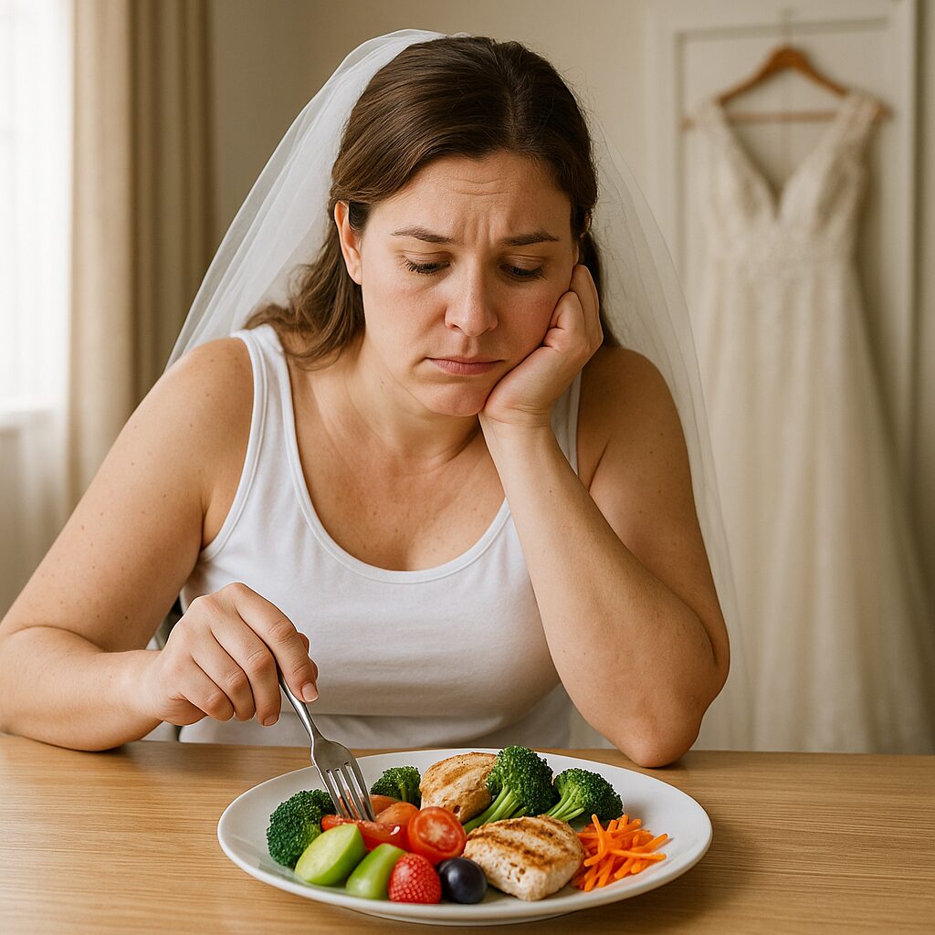Bride contemplating healthy meal amid wedding preparations, avoiding crash diet.