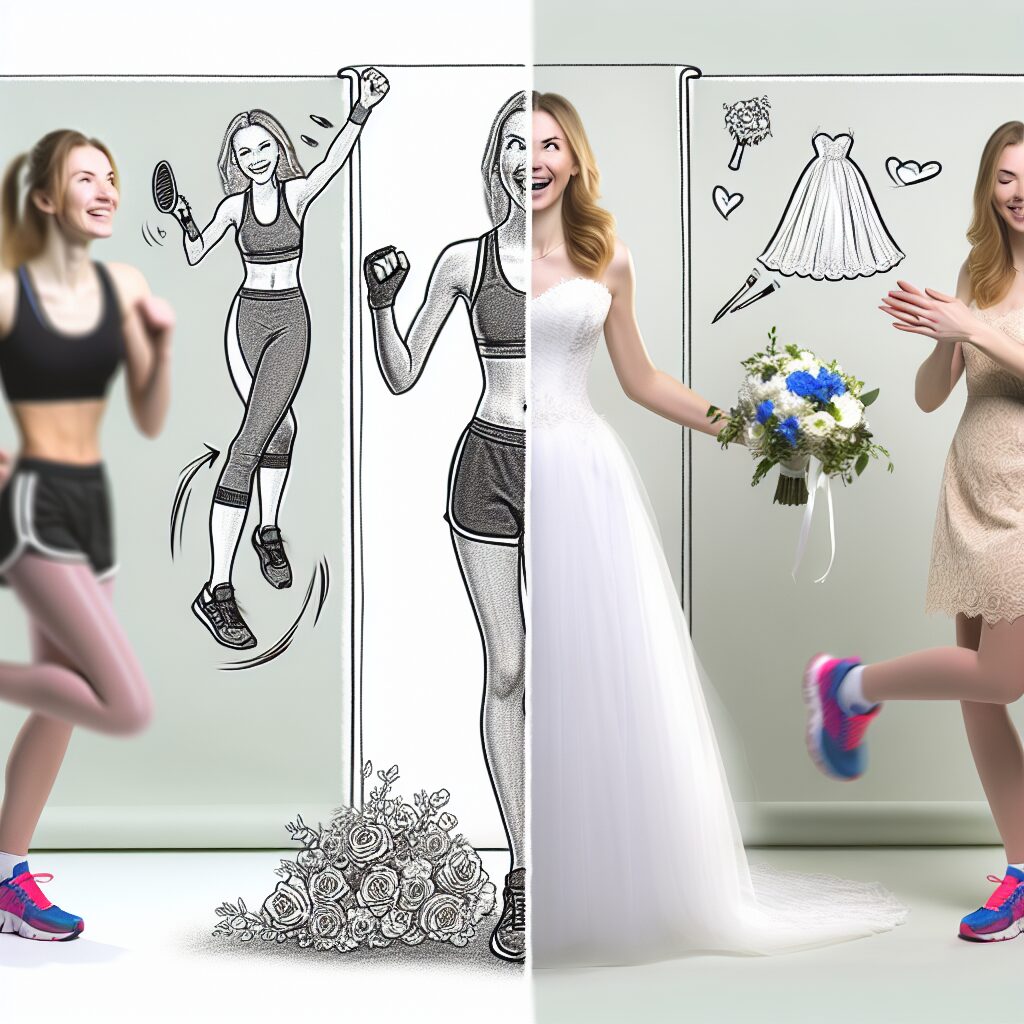 Bride-to-be celebrating weight loss for wedding with fitness and dress fitting