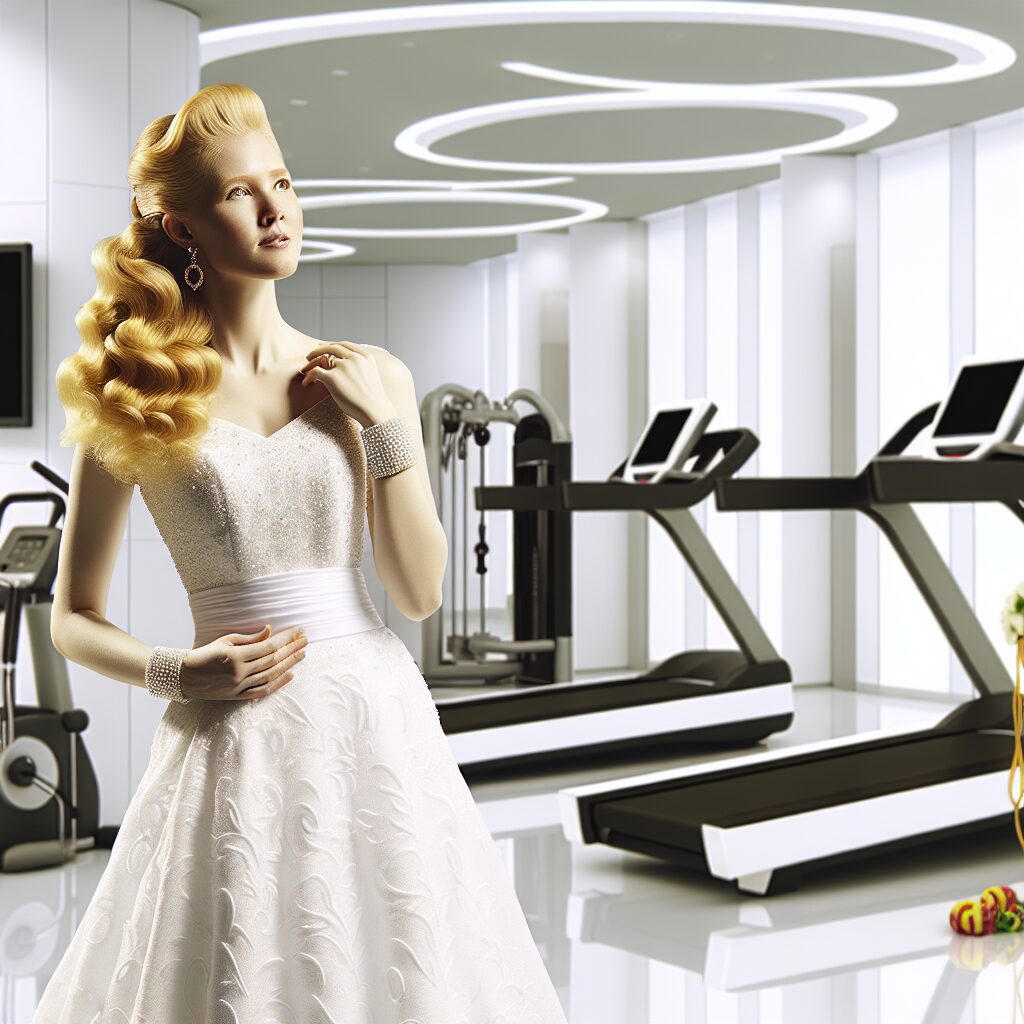 Bride in gym after successful weight loss for wedding