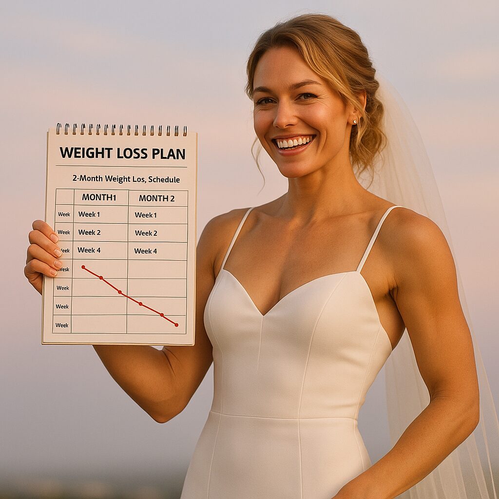 Bride with toned figure holding 2 months to lose weight for wedding plan