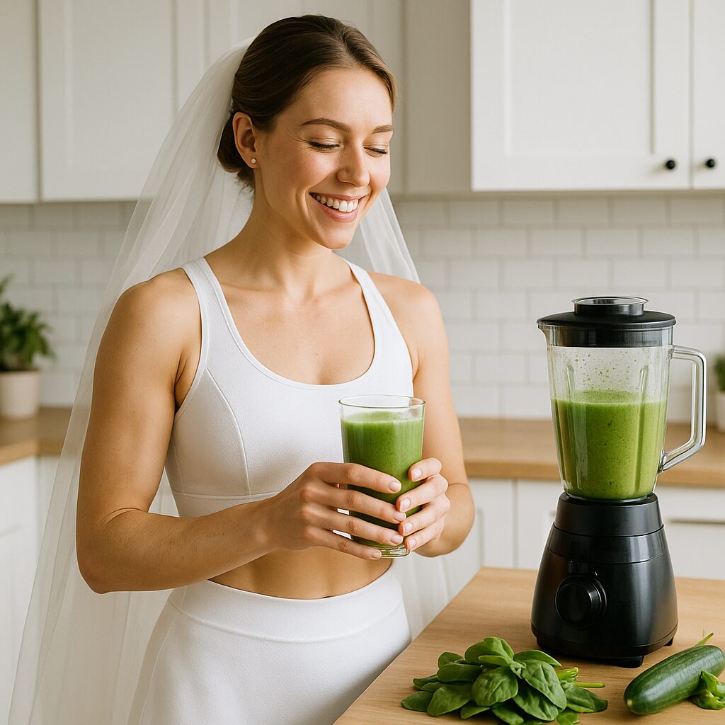 Bride in workout gear preparing wedding detox juice