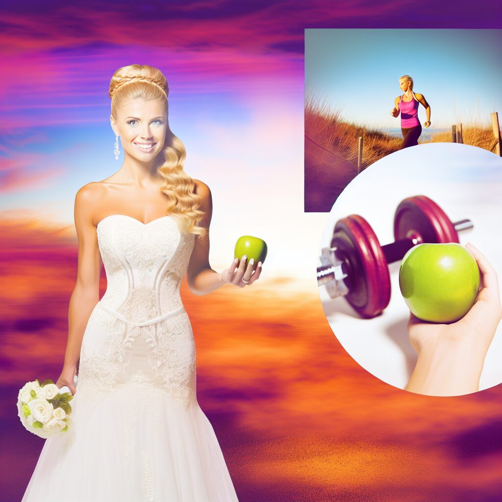 Bride showcasing rapid weight loss for wedding with green apple