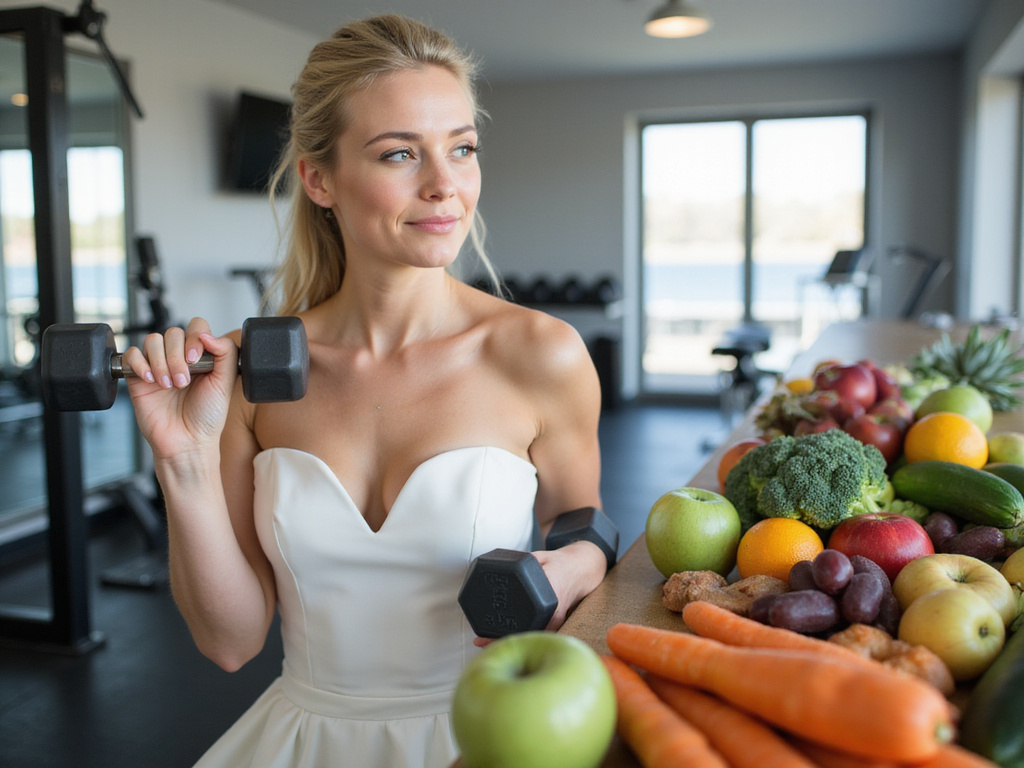 Bride in gym with fresh fruits representing bridal diet for weight loss