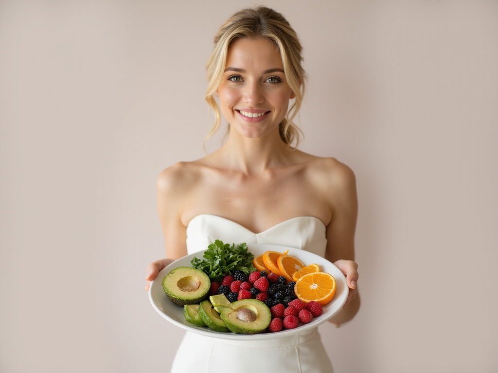 Bride-to-be holding fruits and vegetables for glowing skin diet