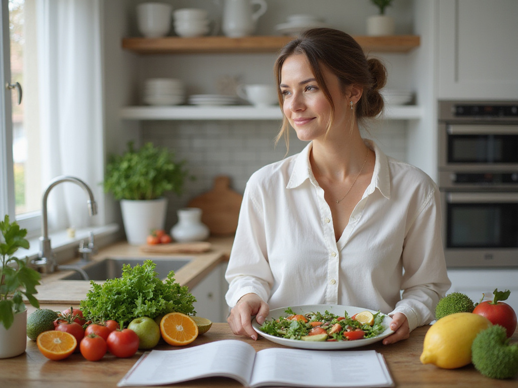 Bride enjoying healthy diet in kitchen before marriage