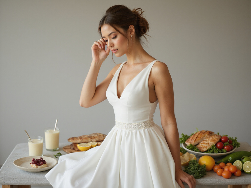 Bride showcasing effects of healthy food before marriage