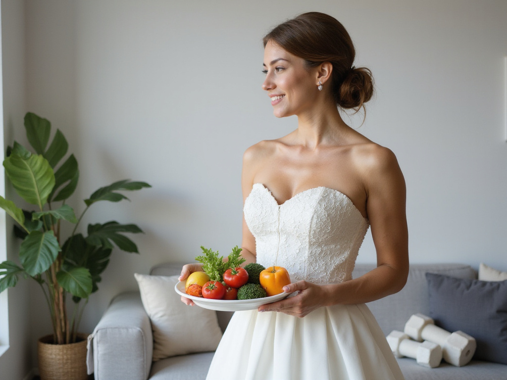 Bride-to-be following diet before marriage with healthy vegetables and fitness elements