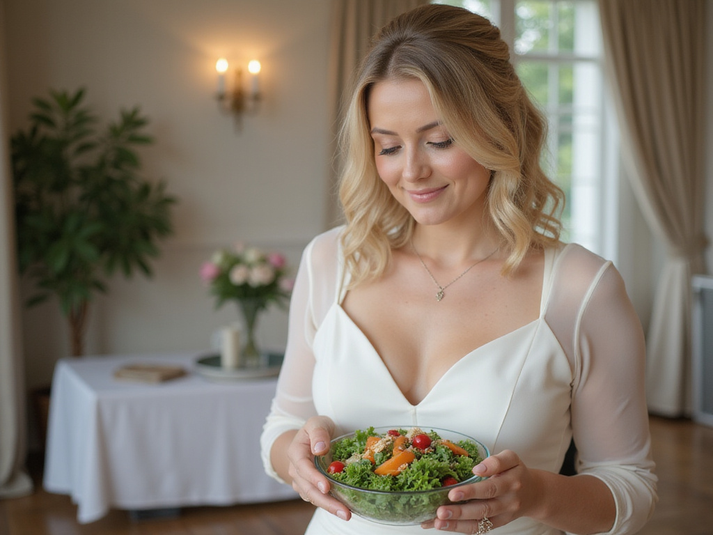 Bride showcasing commitment to healthy diet for marriage