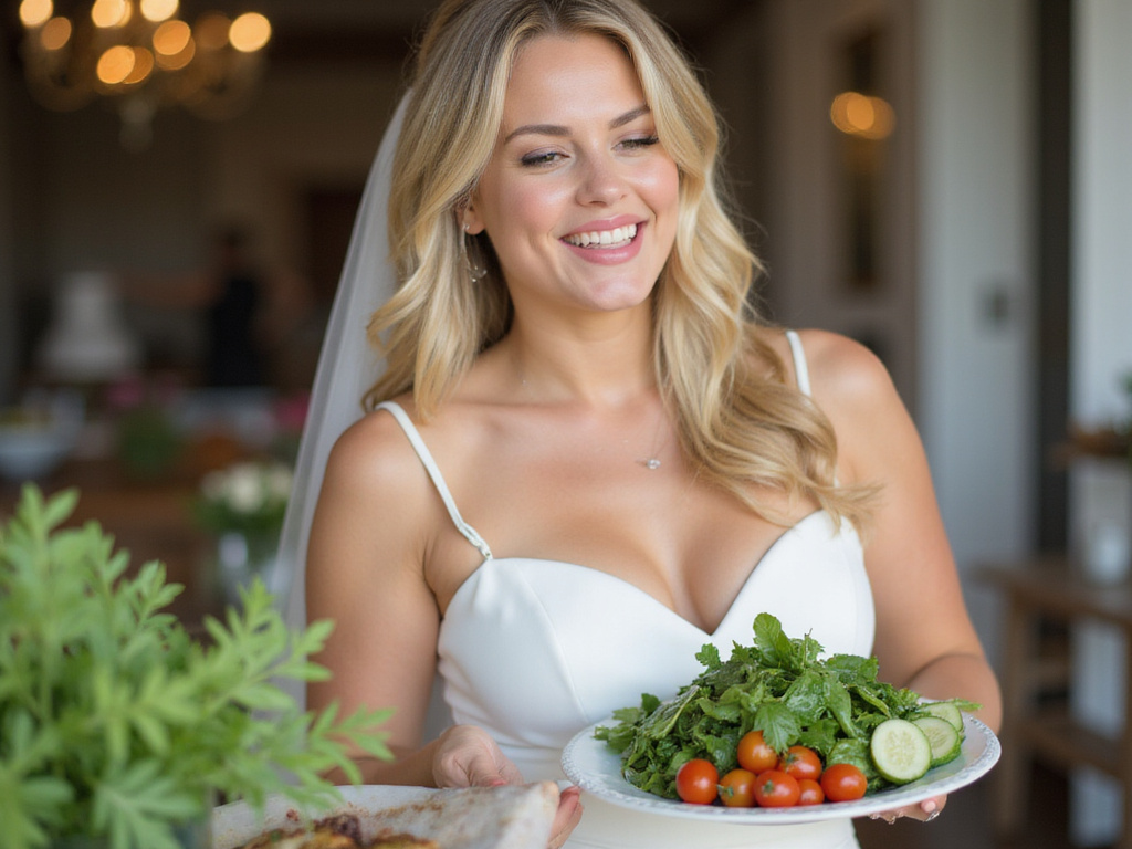 Blonde bride enjoying salad for diet plan before wedding