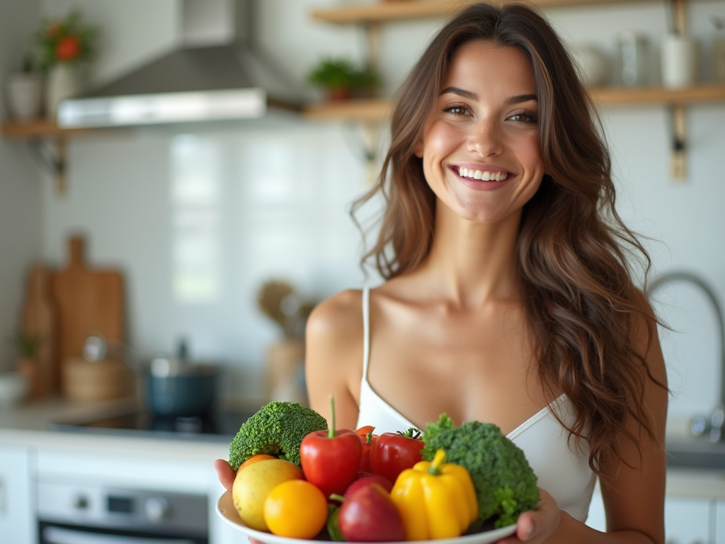 Fit bride holding nutritious food before marriage in modern kitchen