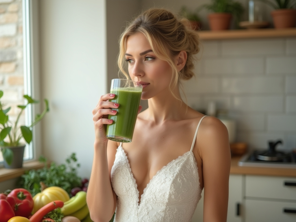 Bride maintaining food before wedding diet with green smoothie