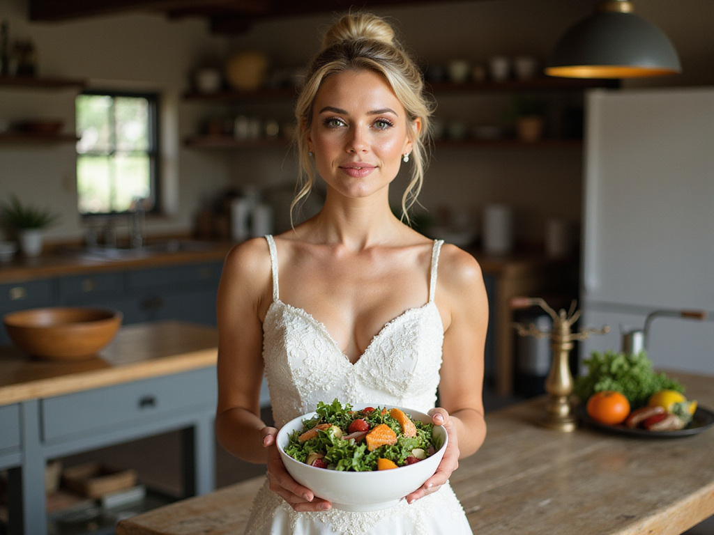 Bride eating healthy salad before marriage in rustic kitchen