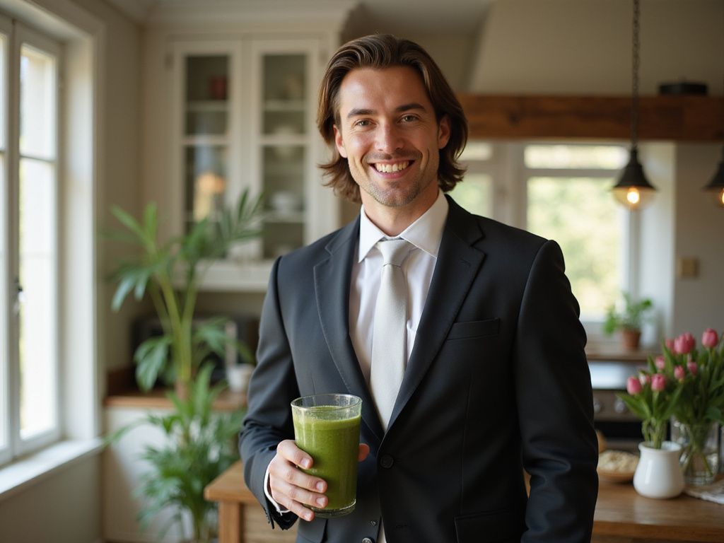 Fit groom with green smoothie implying diet before marriage