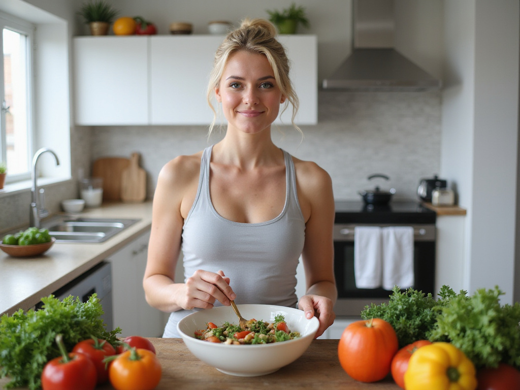Bride-to-be cooking healthy food before marriage in modern kitchen