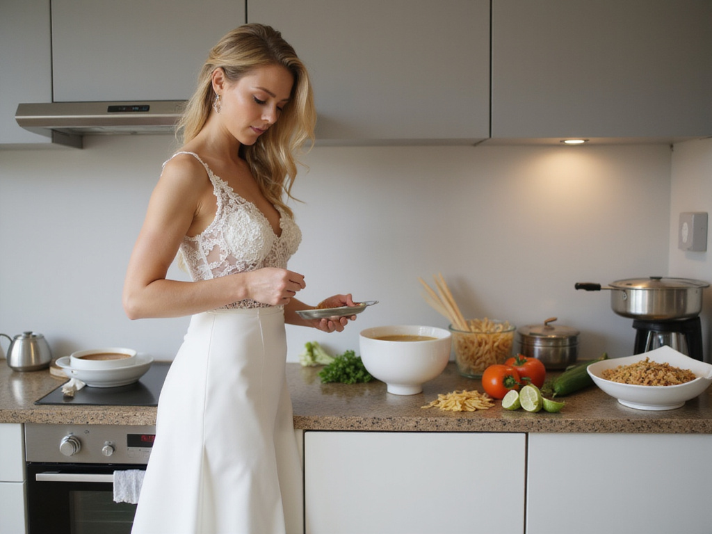 Health-conscious bride preparing Italian Wedding Soup for Weight Watchers diet