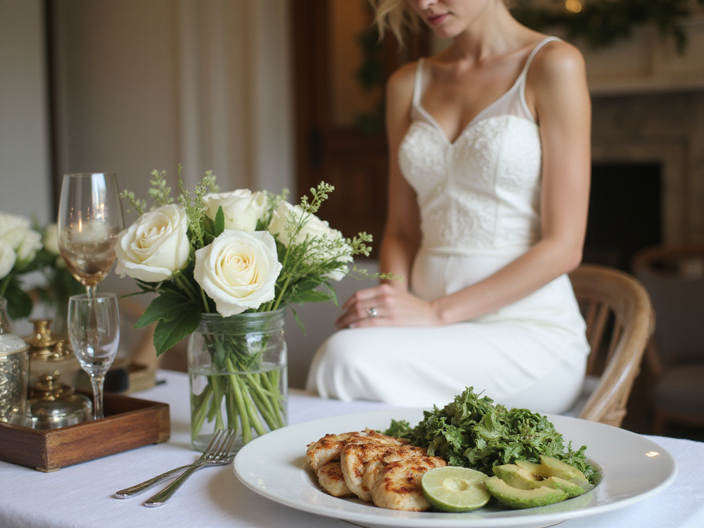 Fit bride with keto diet food at Western wedding setting