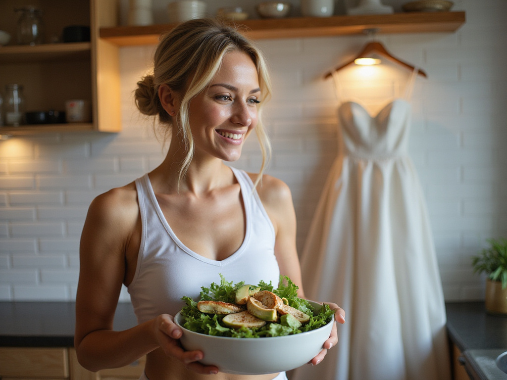 Blonde bride in workout outfit holding keto salad with wedding gown background