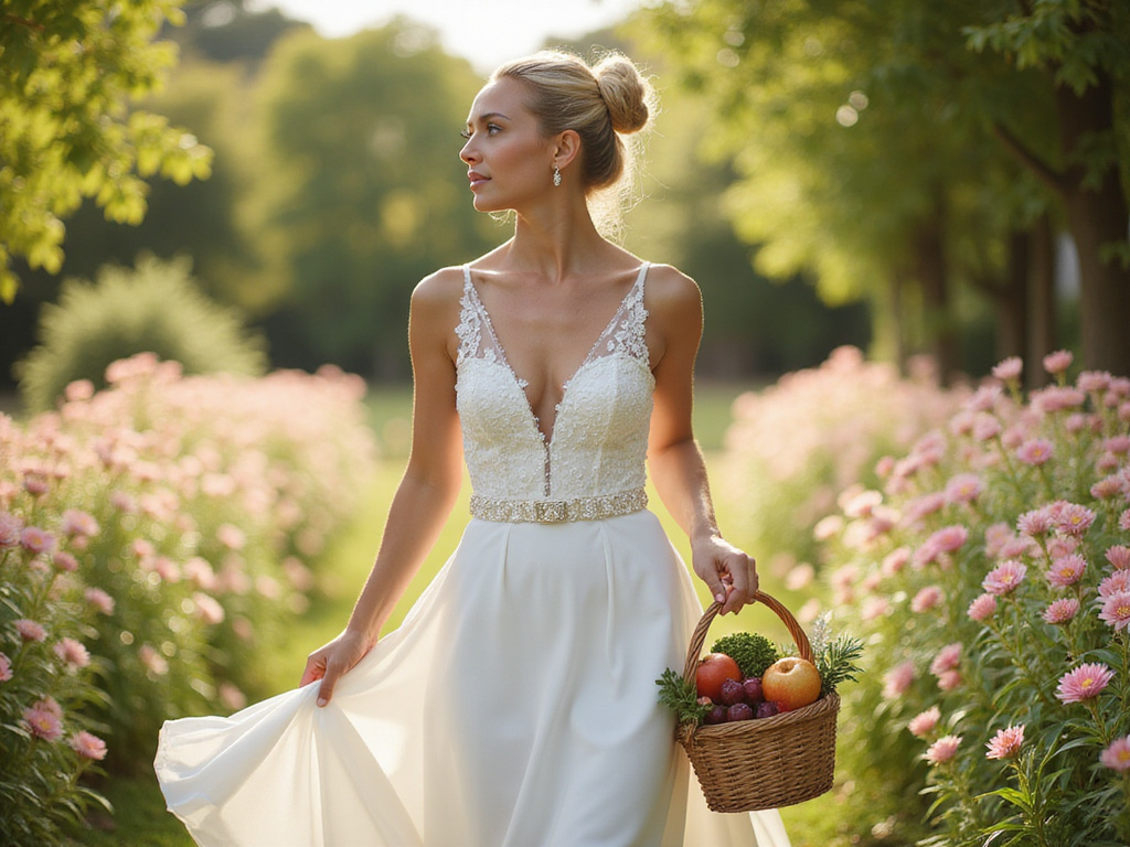 Bride losing weight before wedding with healthy diet in garden