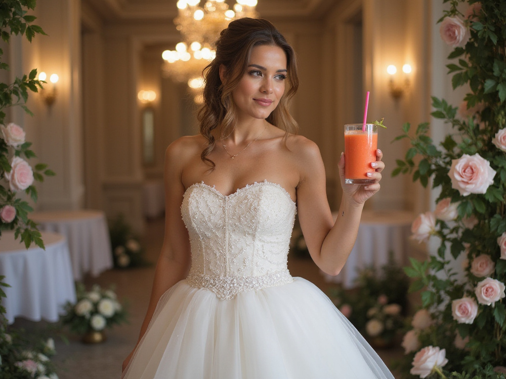 Bride holding healthy smoothie after losing weight before wedding.