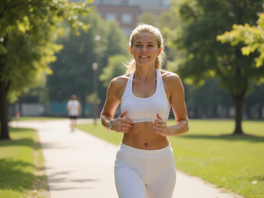 Fit blonde woman jogging to lose weight for wedding in 4 months