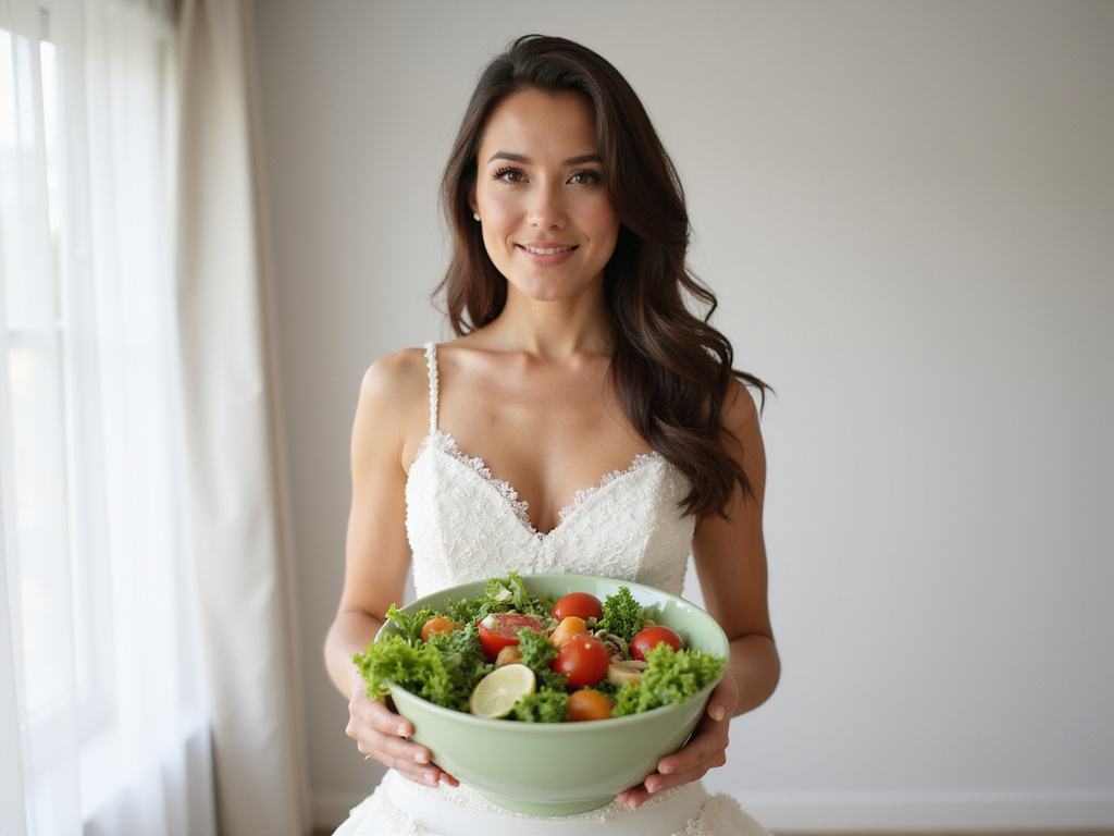 Bride showing weight loss success with healthy diet before wedding