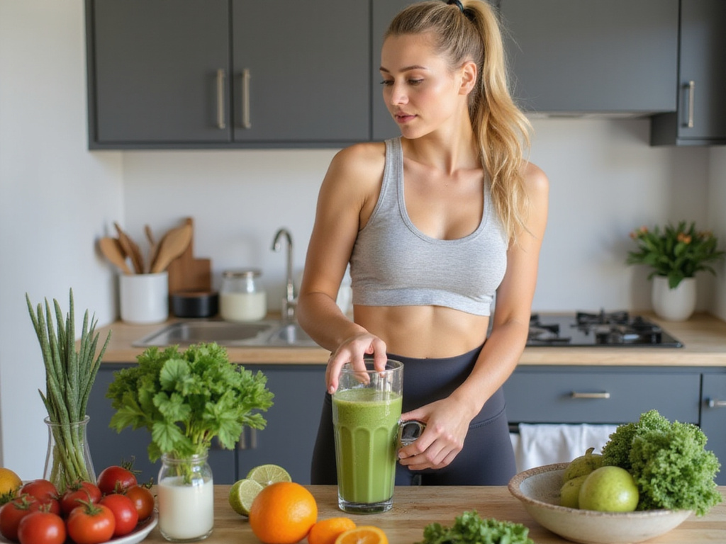 Blonde woman preparing smoothie to lose weight two weeks before wedding