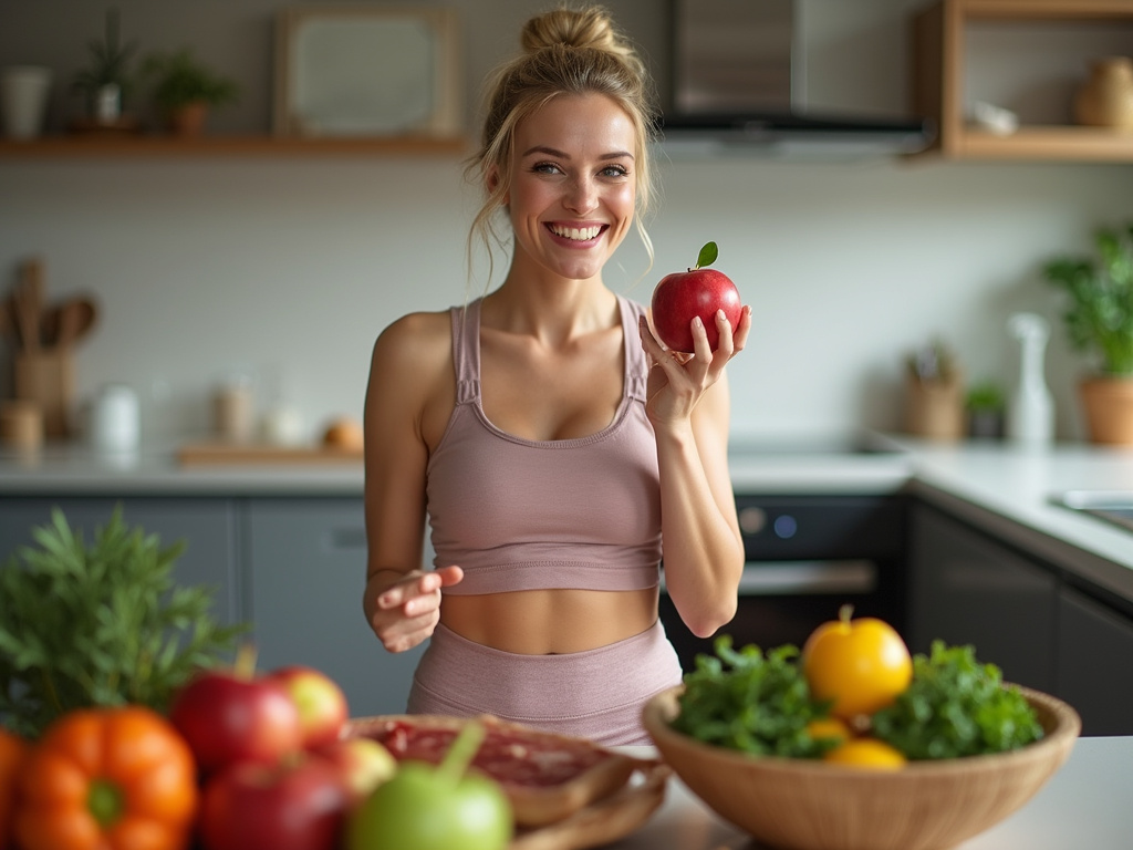 Blonde woman losing weight before wedding with healthy food choices