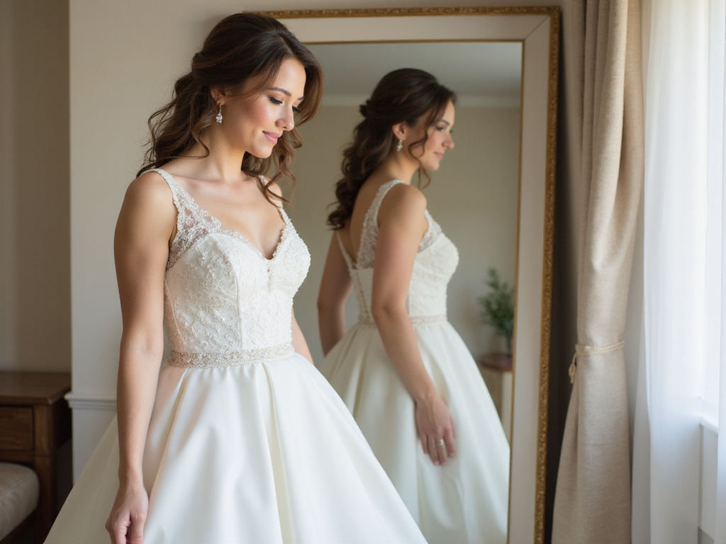 Bride successfully losing weight to fit into classic wedding dress.