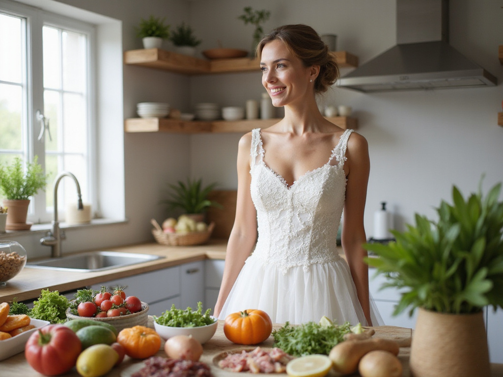 Bride enjoying healthy food to eat before wedding
