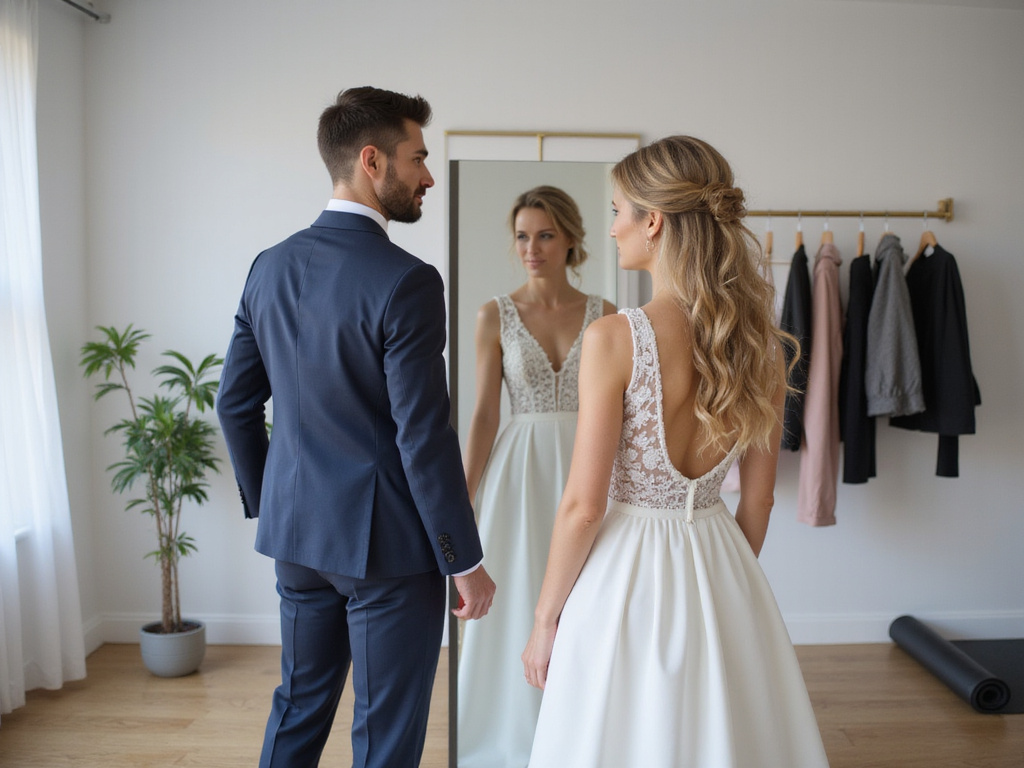 Bride and groom checking fitness progress for wedding in a week diet.