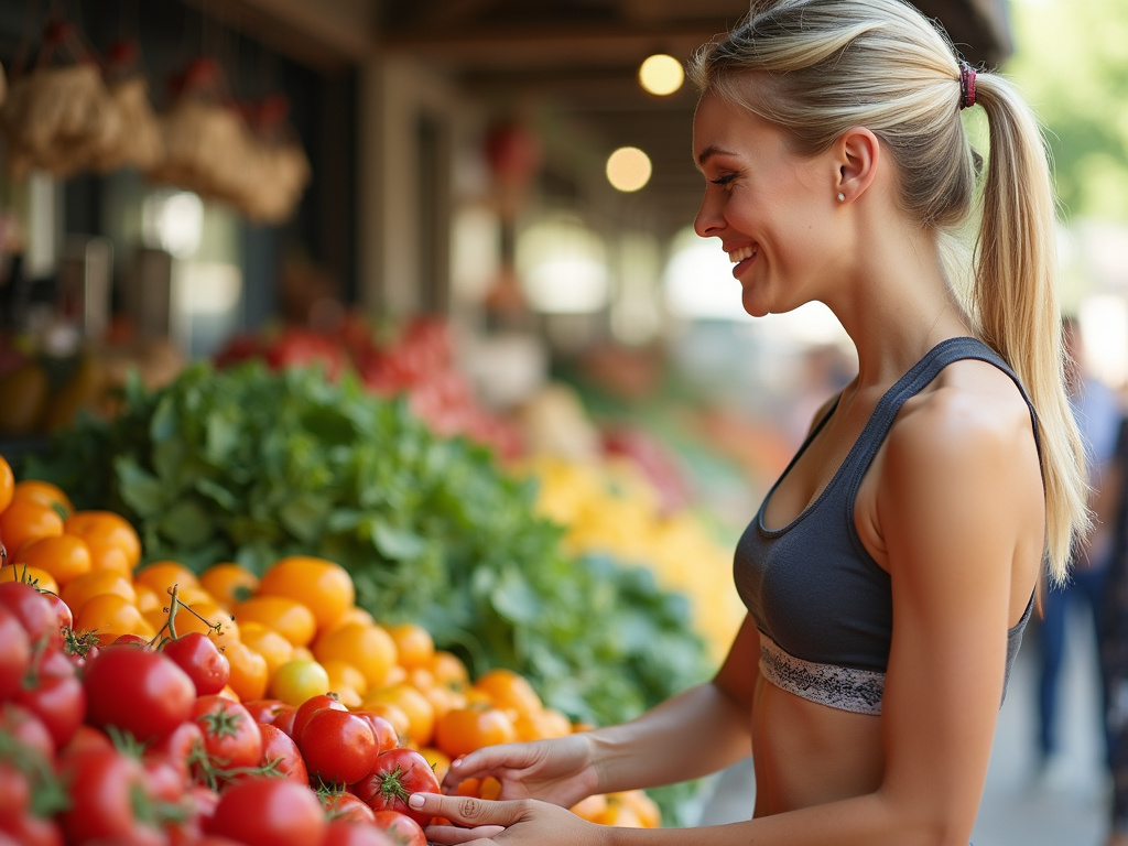 Fit blonde woman choosing fresh produce for wedding diet week