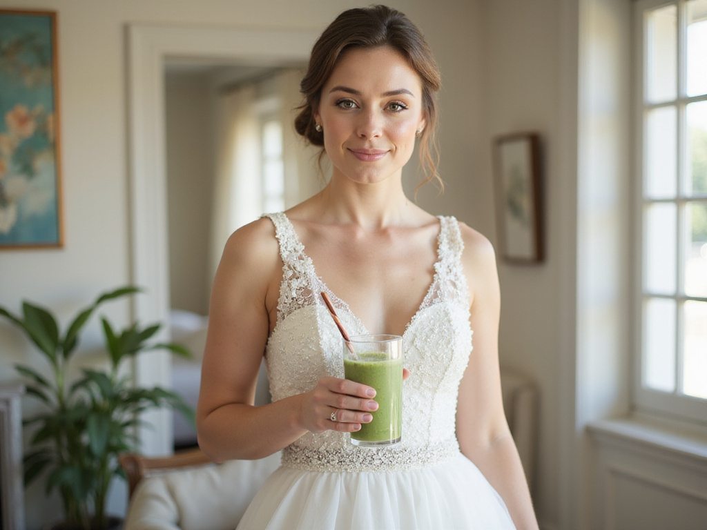 Bride holding green smoothie representing one week wedding diet