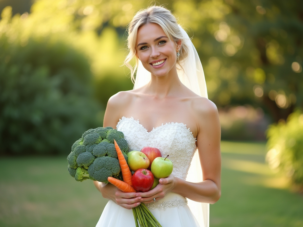 Happy bride demonstrating pre bridal weight loss with healthy food
