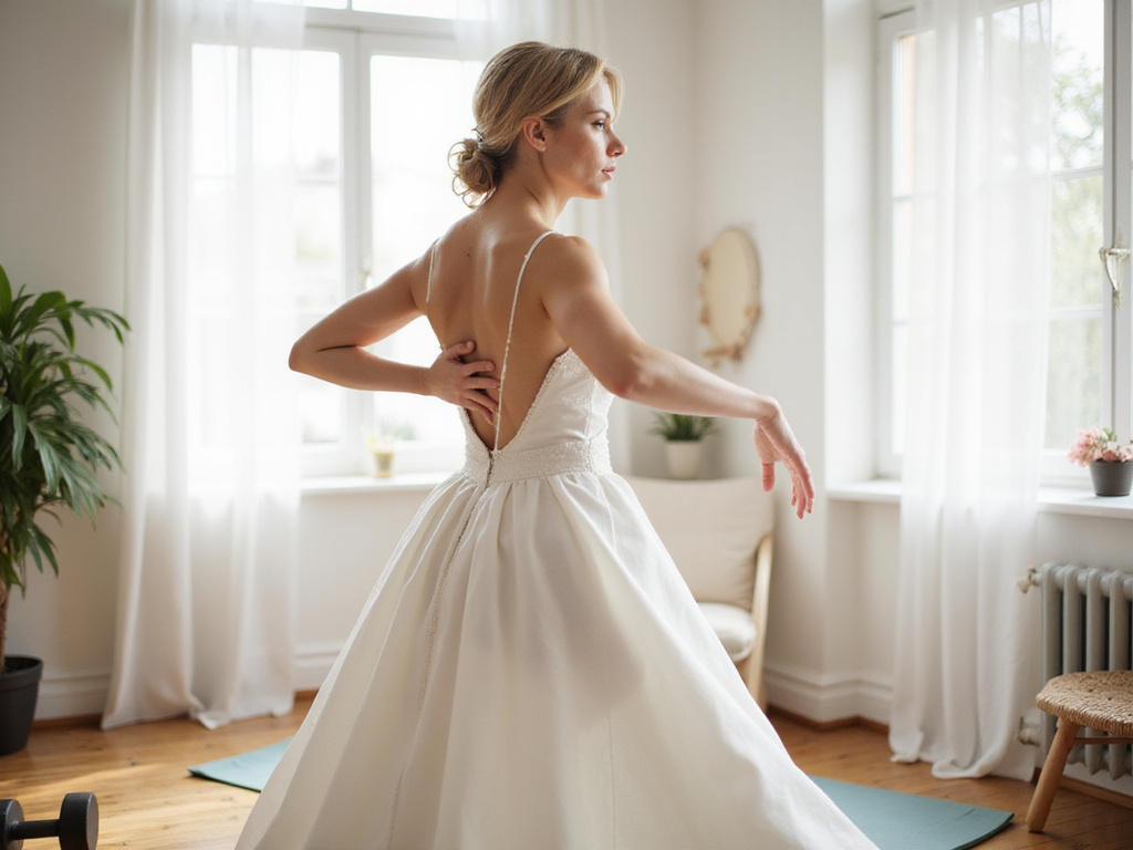 Bride doing warrior yoga pose for wedding weight loss exercise