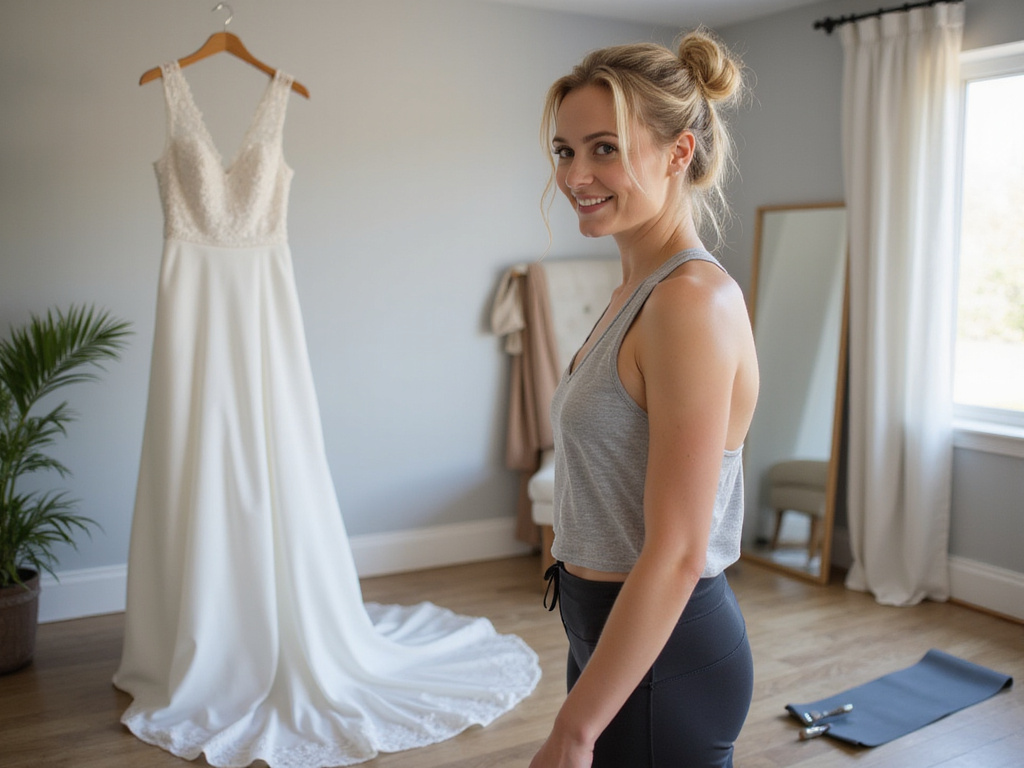 Bride in athletic attire following wedding dress diet plan