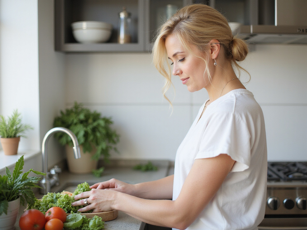 Bride preparing healthy meal during wedding diet week before ceremony