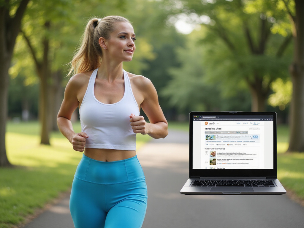 Bride-to-be running in park with wedding diet Reddit page on laptop