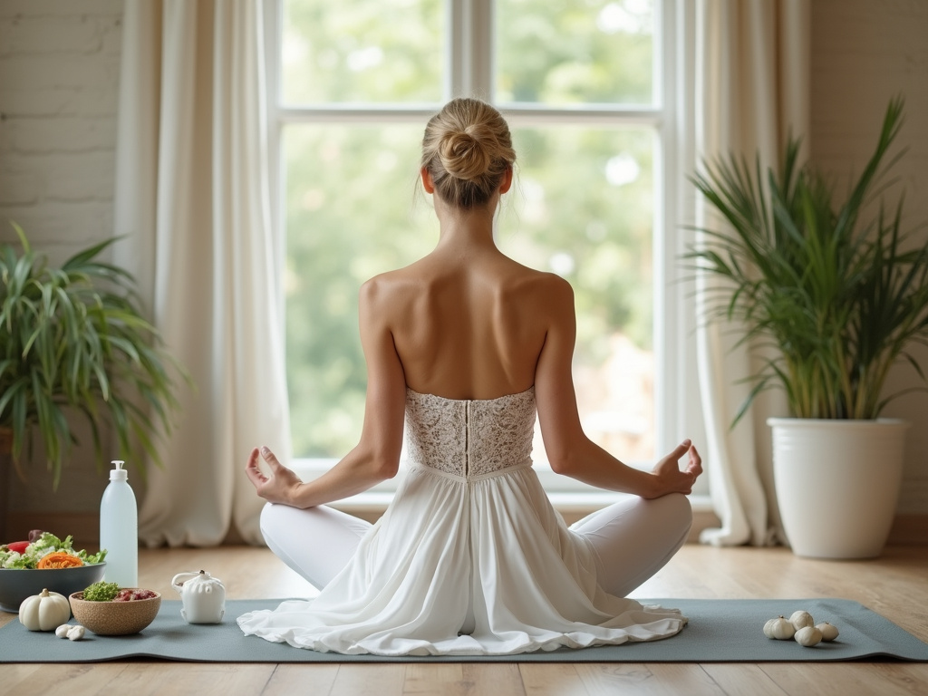 Bride practicing yoga during wedding diet preparations