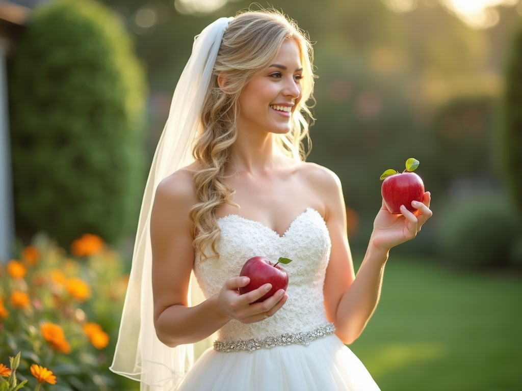Healthy bride holding apple, symbolizing wedding nutrition