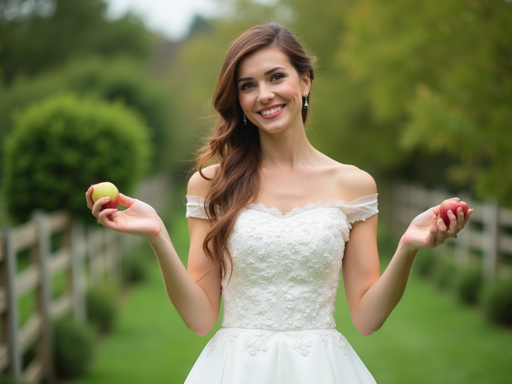 Bride enjoying apple after successful wedding stress weight loss